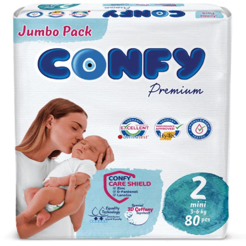 Confy Premium підгузки дитячі Size 2, Mini Jumbo 3-6kg, 80шт
